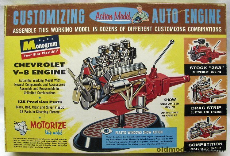 Monogram 1/8 Chevrolet V-8 283 CID Engine and Four Speed Transmission - For Motorizing  Builds 6 Different Versions, PE62-298 plastic model kit